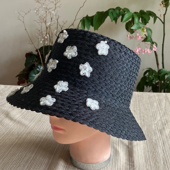 Black Bucket Hat with White Sequined Beaded Floral Accents - Picture 4 of 4